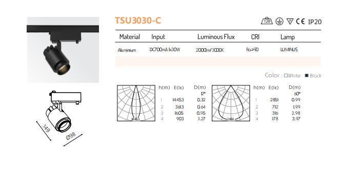 30W Ra907 COB LED Track Spot Light with 12-60° Zoomable