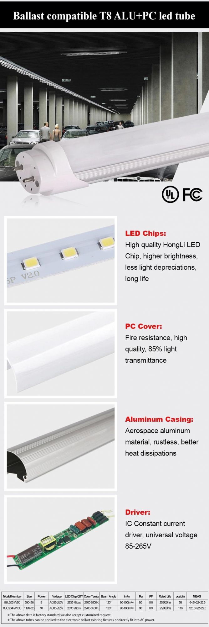 UL Listed Ballast Compatible T8 Aluminum+PC LED Tube