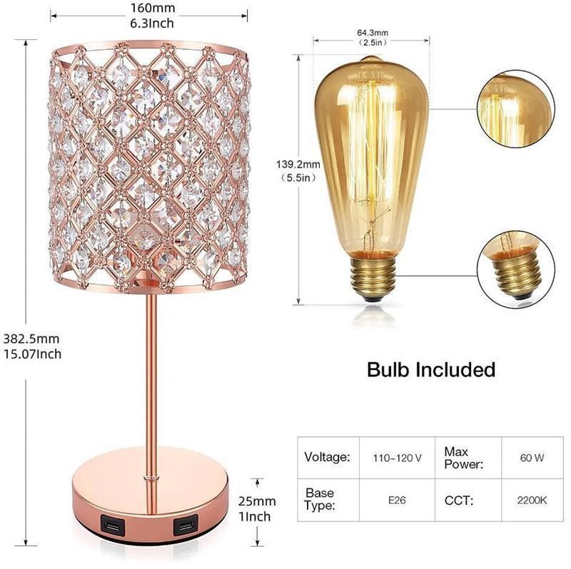 LED Indoor Living Room Bedside Crystal Light Shade Bedroom Golden Crystal Table Lamp