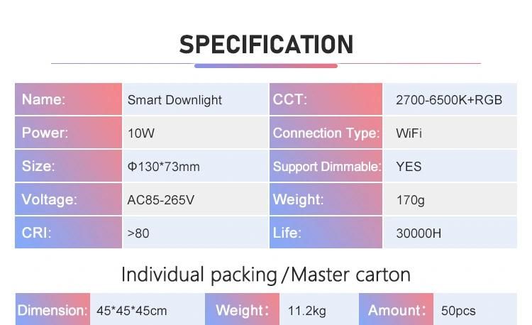 4inch/6inch Round 10W Tuya RGB WiFi Smart RGB Down Light