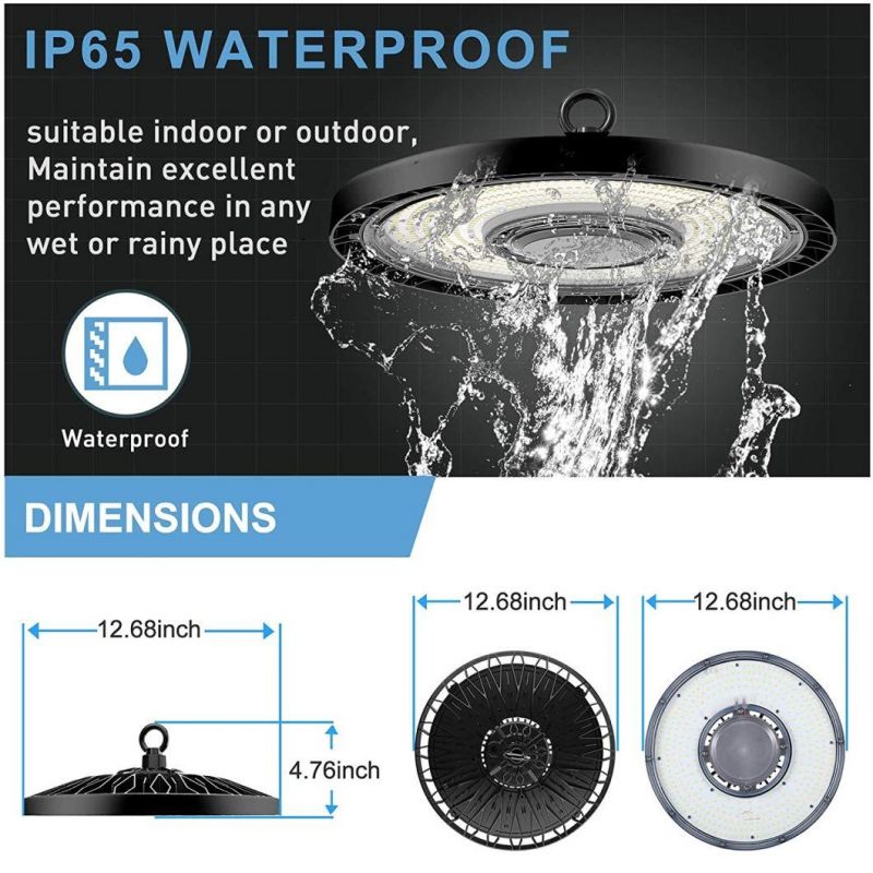Ik08 IP65 5 Years Warranty Warehouse Gym Factory Industrial Adjustable SMD3030 Round 100W 150W 200W 250W UFO LED High Bay Light