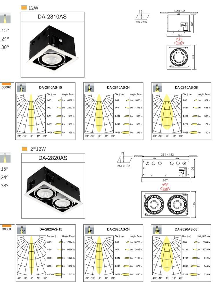 High Power 12W Adjustable Downlight for Hotel LED Grille Light