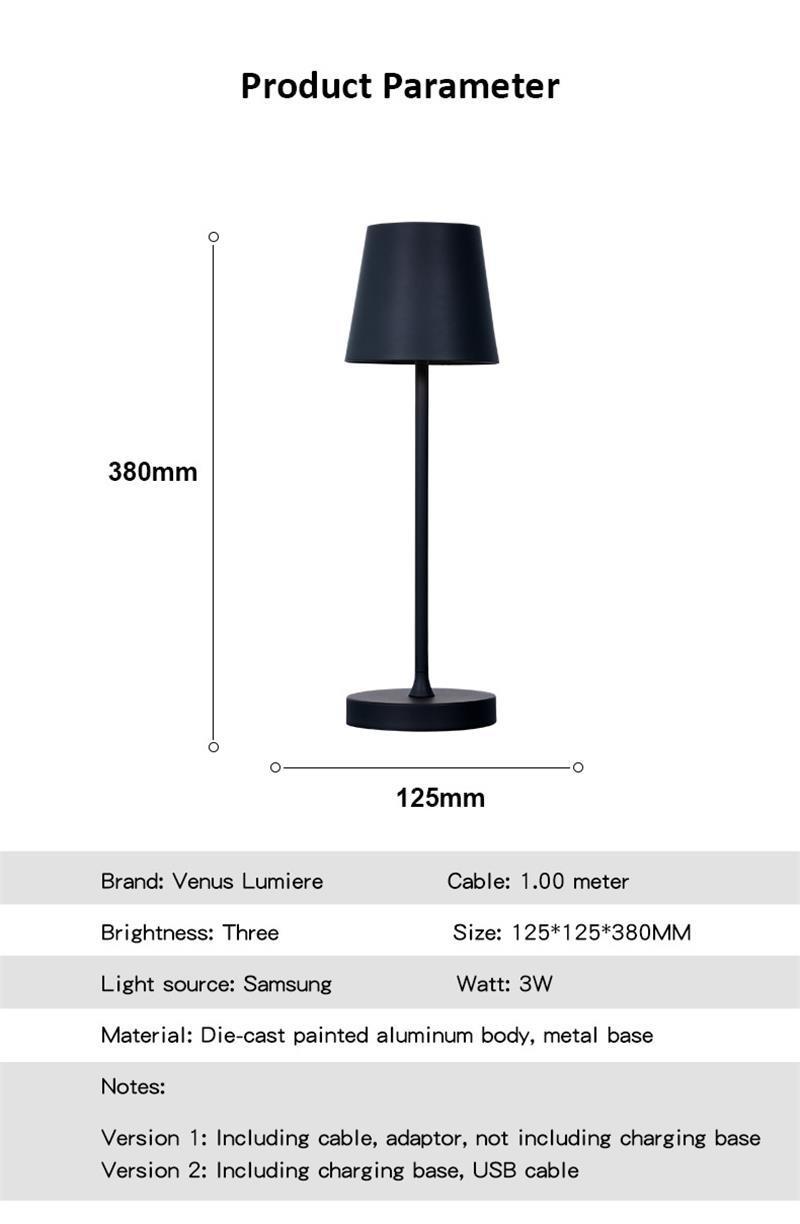 Contemporary Nordic Classic Form Rechargeable Touch Control Wireless LED Lamp Aluminum Metal Table Lamp Bedside Lamp