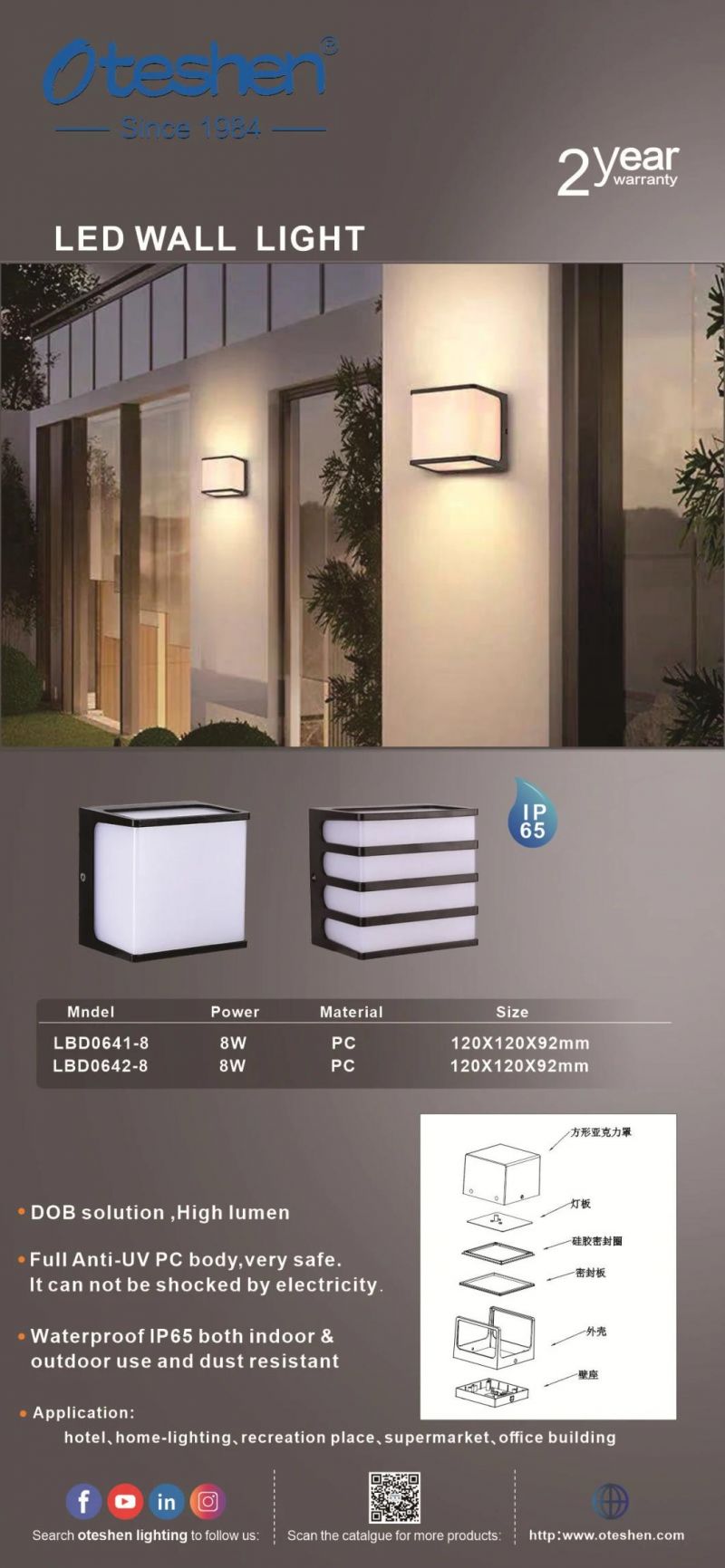 Plastic Oteshen 120X120X92mm Foshan Waterproof LED Wall Light with CCC Lbd0641-8