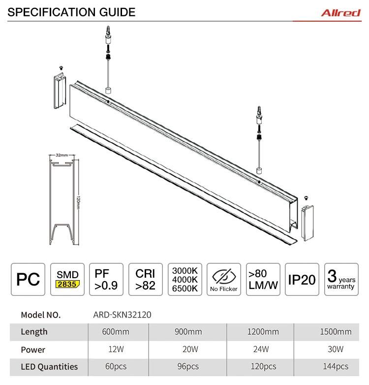 3 Color Temperature in One Light Industrial Lighting 20W 25W 32W 35W 40W 46W Linear Strip LED Shop Batten Light