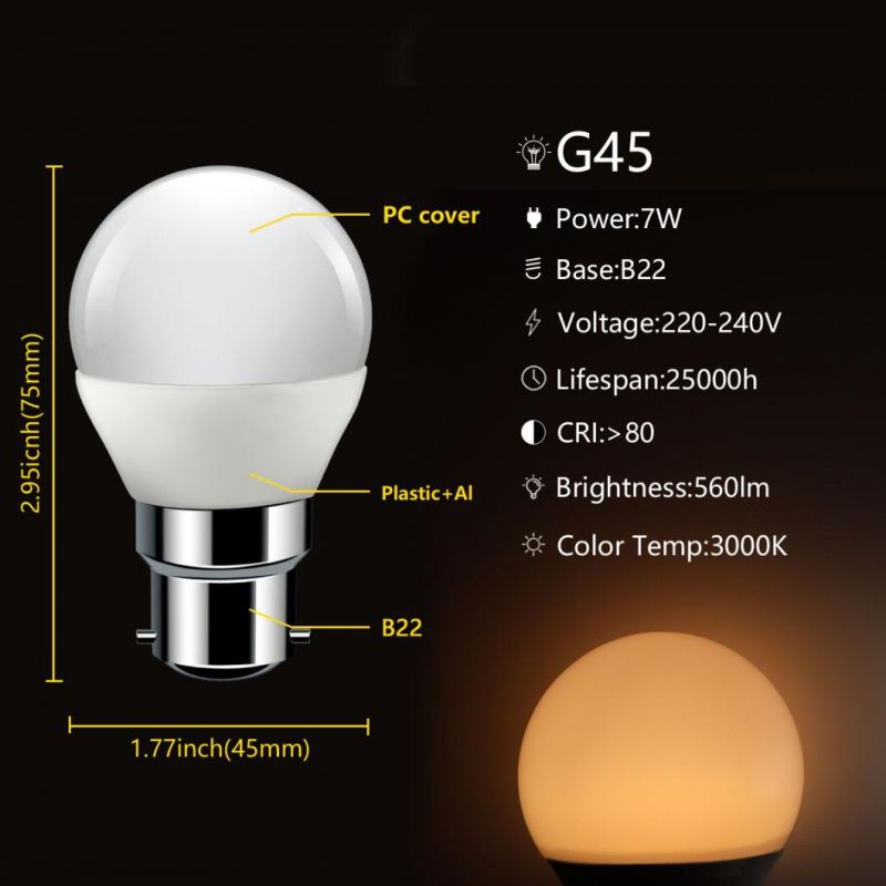 Factory Direct Supply of LED Bulb G45 Real Power 7W Low Power LED Light Bulb with CE RoHS Approved Lamp for Indoor Lighting with E14 E27 B22 Base