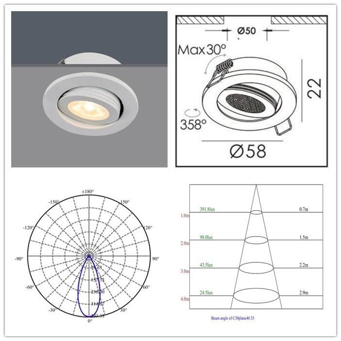 R6017 3W 230lm COB LED High Quality Rotatable Recessed Spotlight