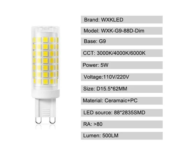 Dimmable G9 LED Light Bulbs 5W, Equivalent to 50W Halogen Bulbs, 500lm, Warm White Capsule Bulb, AC220-240V, Energy Saving for Chandeliers and Ceiling