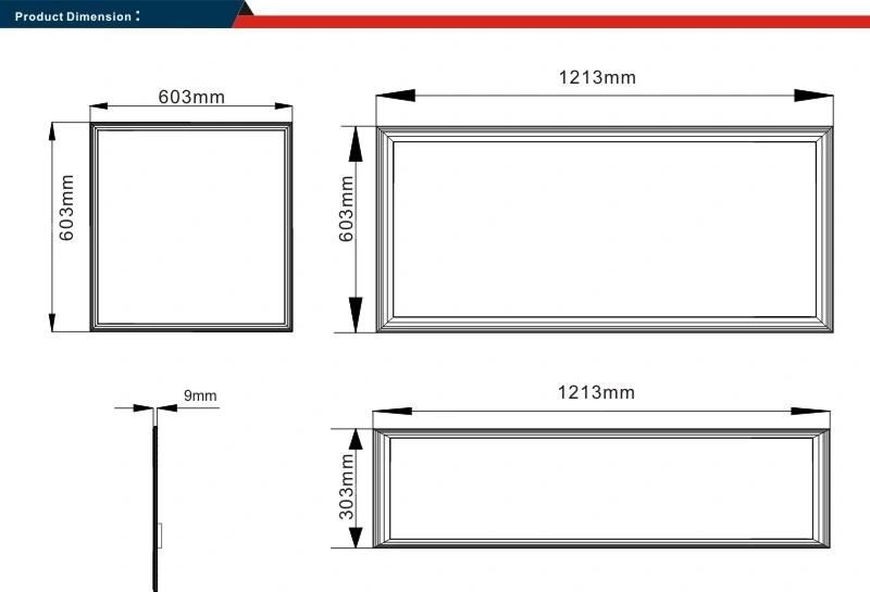 297X297/603X603/300X1213/603X1213/300X300/595X595/600X600mm 25/30/32/35/36/40/50/60/70/72/75W UL/cUL/Dlc4.2/ETL/Dlc Approved 130lm/W Square Slim Light LED Panel