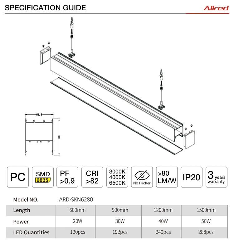 Suspended Ceiling Linear Light 30W 50W Dimmable LED Batten Lamp Fixture Linear Pendant Light