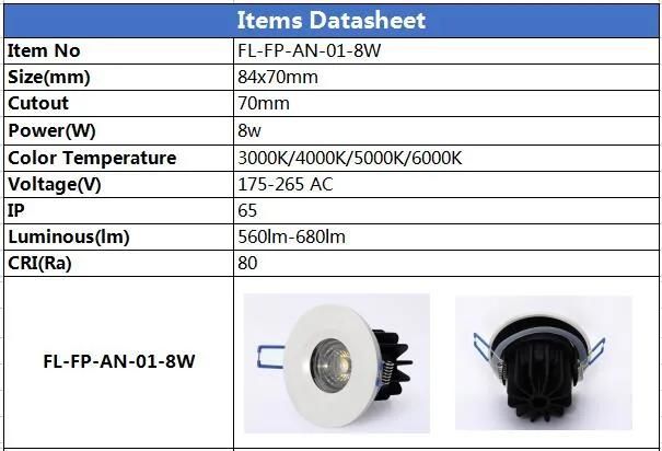 04 Fire Rated Fireproof Dimmable Adjustable IP20 8W Changeable Dimmable COB Fire Rated Downlight