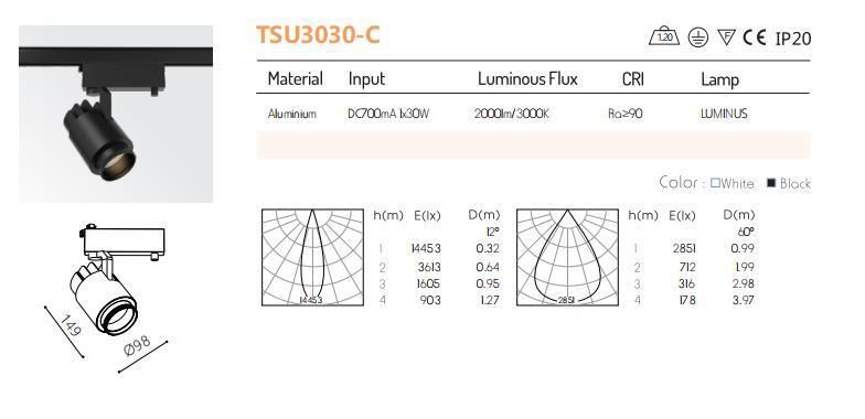 White Black 10-60 Degree 0-10V Dimmable Focus Track Light LED