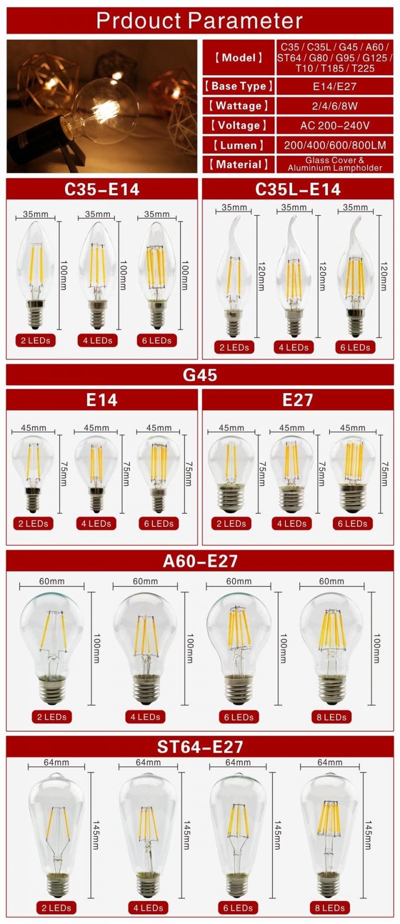 E27 E14 Retro Edison LED Filament Bulb Lamp AC220V Light Bulb C35 G45 A60 St64 G80 G95 G125 Glass Bulb Vintage Candle Light