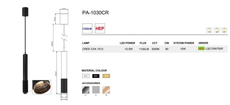 Zhongshan Factory Aluminum 9W 12.5W 3000K with Different Reflectors LED COB Pendant Light