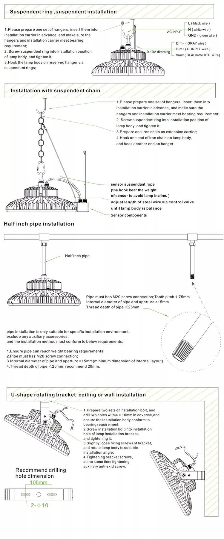 Ik08 IP65 5 Years Warranty Warehouse Gym Factory Industrial Adjustable SMD3030 Round 100W 150W 200W 250W UFO LED High Bay Light