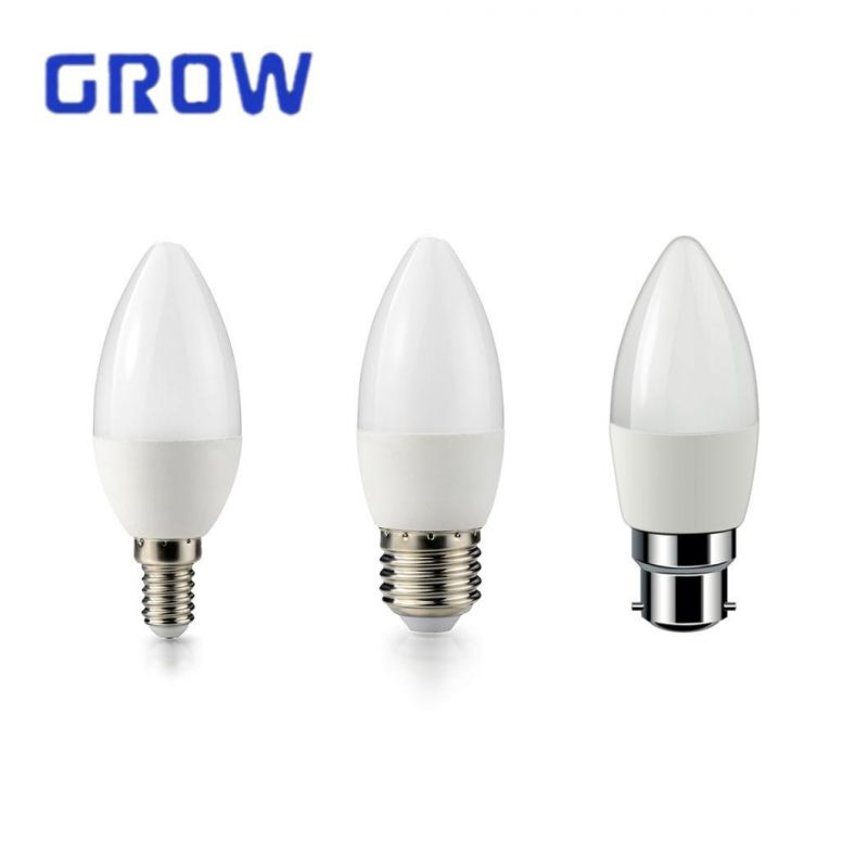 LED Candle Bulb C37 5W Different Base Option E14 E27 B22 B15 Plastic Aluminum Energy Saving Lamp with CE RoHS ERP Approval LED Bulb Light for Indoor Lighting