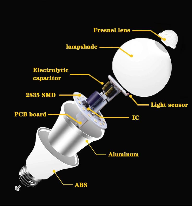 A60 12W E27 LED PIR Motion Sensor Bulb Lamp Intelligent LED Bulb Light Human Body Infrared Sensor Smart Light Bulb for Emergency Function