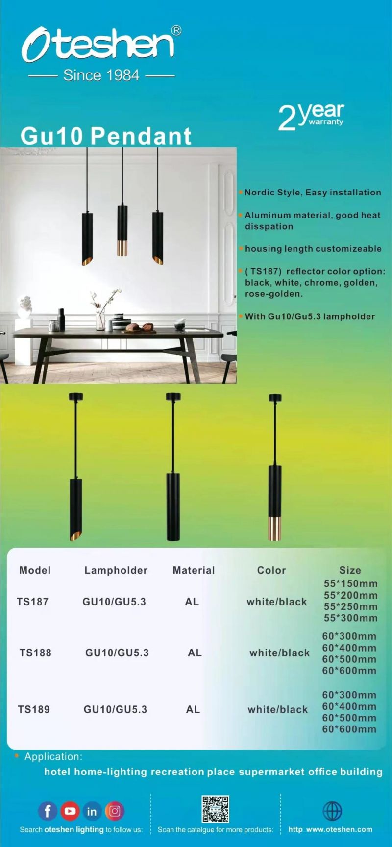 GU10/Gu5.3 Nordic Style Simple Linear LED Pendant Light Housing Modern Long Tube LED Pendant for Restaurant 300mm