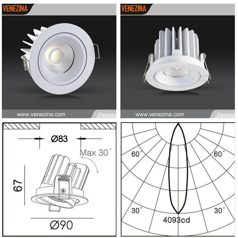 Three Colors COB LED Source Recessed Interior Down Light Spotlight