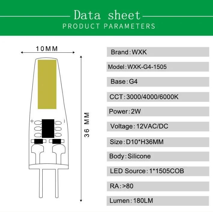 Hot Sales LED G4 COB 1505 LED Bulb 2W 180lm 12vacdc G4 Bulb with Ce RoHS