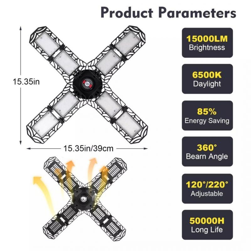 Factory E27 E26 LED Deformable Industrial Ceiling Garage Storage Warehouse Workshop 8 Panel 150W Garage Light