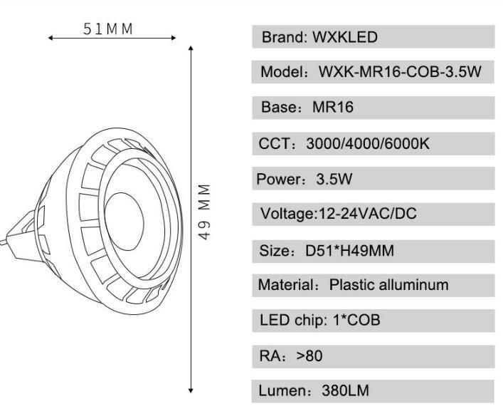 High Lumen Spotlight Bulb Lm AC DC 12V 3W 5W MR16 LED Light