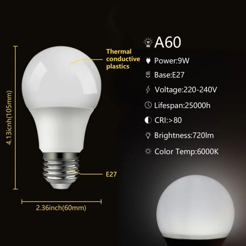 Factory Price A60 9W B22 E27 Plastic Aluminum LED Bulb Light Energy Saving Lamp for Indoor Using with CE RoHS ERP Approval
