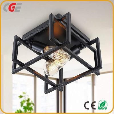 Black Metal Cage Rectangle Vintage Ceiling Hanging Lamp for Dining Room