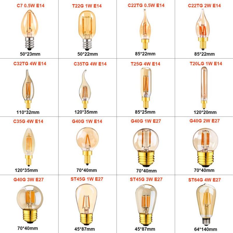 E14 E27 LED Dimmable Filament Bulb Retro Edison Light Bulb 220V Lamp Gold Tubular Chandelier Night Lamp 0.5W 1W 2W 3W 4W 6W 8W