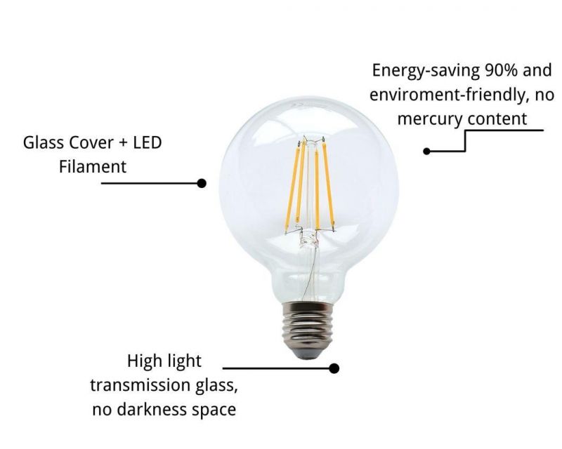 WiFi Control Dimmable Vintage G95 LED Filament Bulbs LED Lighting LED Globe Lamp E27 Base LED Bulb 6W LED Bulbs with Ce RoHS