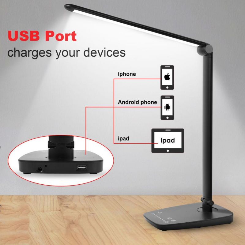 LED Desk Lamp Adjustable, Dimmable Table Lamp Eye Care Energy-Saving, LED Folding Office Reading Light(10W/12V, Touch Control, USB Charging Port, 5-Level Dimmer