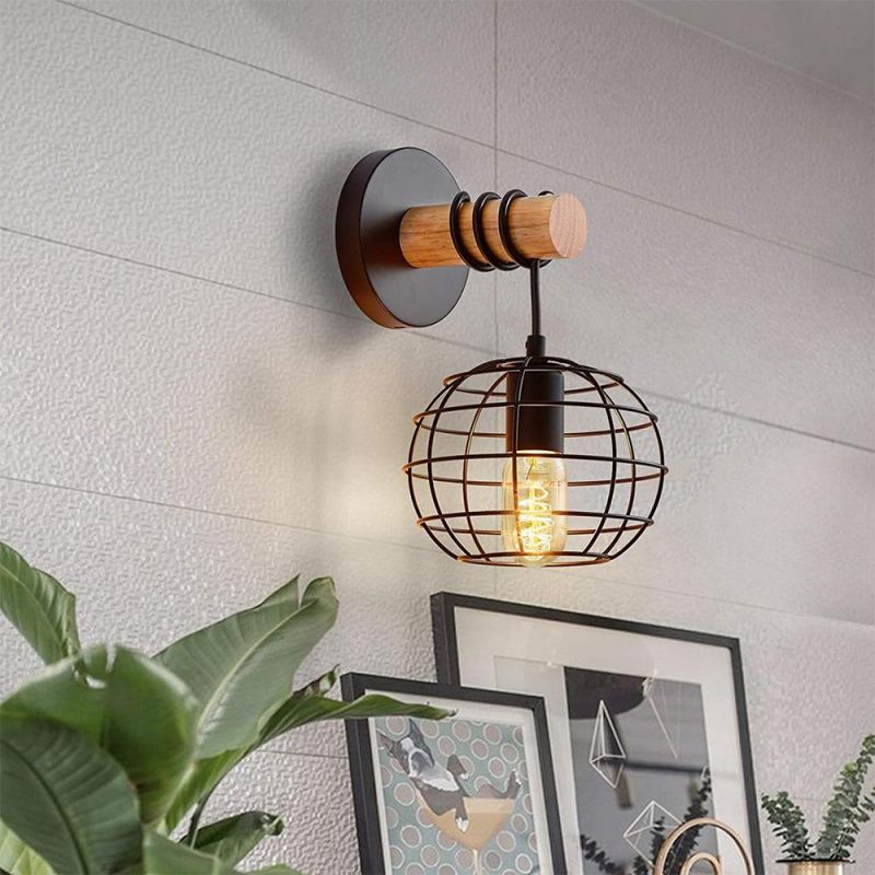 LED Amazon Retro Wrought Iron Black Round Iron Shade Hotel Room Bedroom Bedside Lights Wood Wall Light