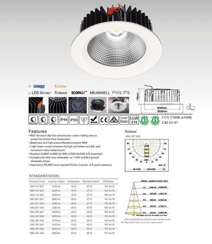 10W/20W/30W/40W/50W Energy Saving Hotel Spot Lamp Lighting Recessed Ceiling LED Down Light with 5 Year Warranty