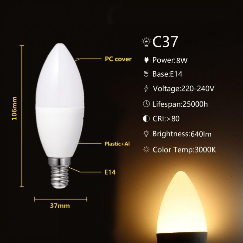 Chinese Manufacturers LED Candle Lamp C37 8W E14 E27 B22 Energy Saving Lamp New ERP CE Approval LED Bulb Light 2years Warranty Indoor Lighting