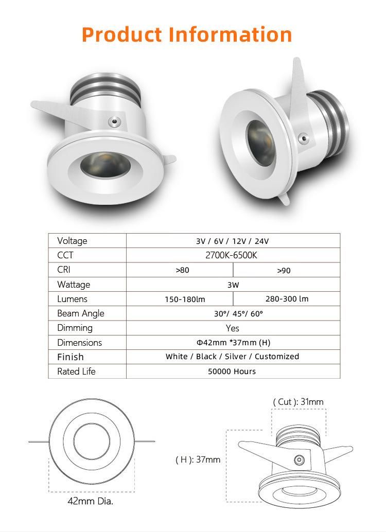 Trimless Dimmable 3W COB Recessed Mini LED Downlights Spotlight 310