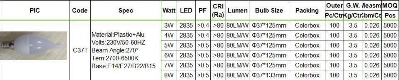 C37t 7W Big Body New ERP Complied Factory Price LED Flame Bulb with Cool Warm Day Light E27 E14 B22 B15 Caps