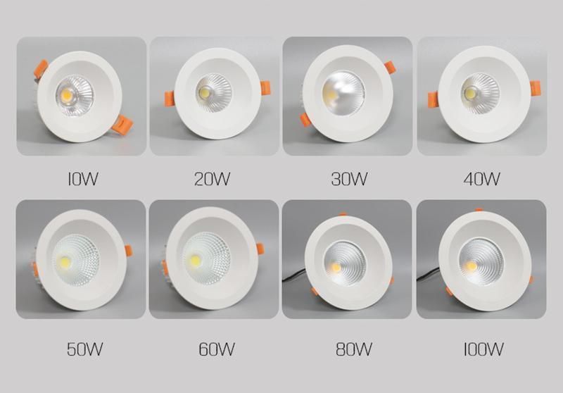 CE RoHS Approved 10W/20W/30W/40W/50W/60W/70W/80W/90W/100W Recessed Ceiling Round COB LED Down Light with CREE Chip Lifud Driver