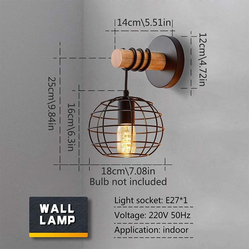 LED Amazon Retro Wrought Iron Black Round Iron Shade Hotel Room Bedroom Bedside Lights Wood Wall Light