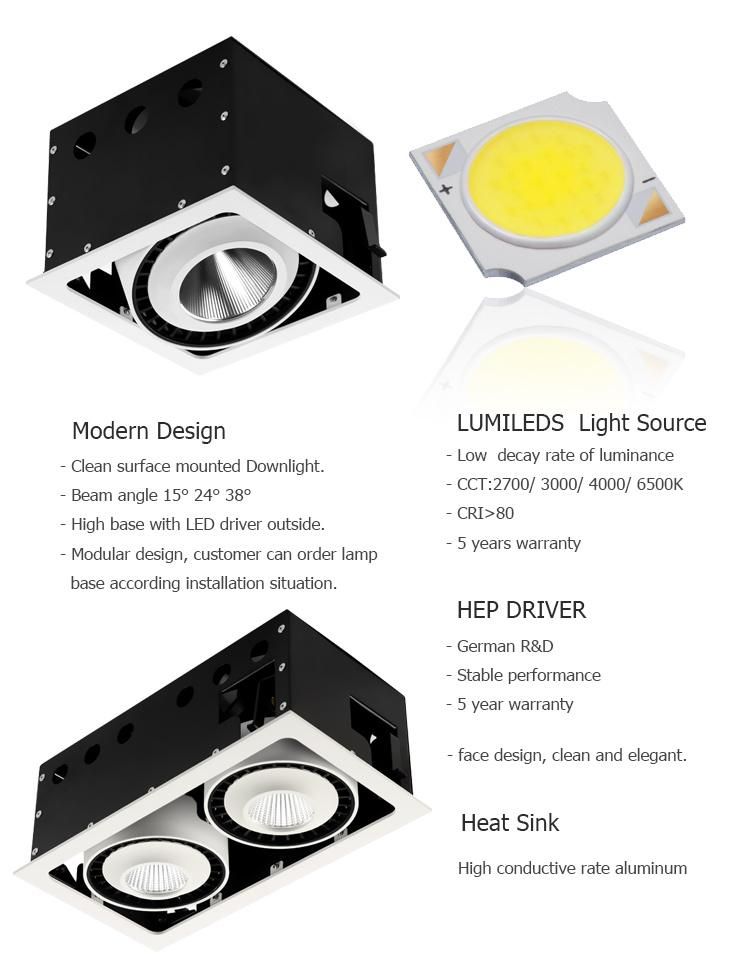 High Power 12W Adjustable Downlight for Hotel LED Grille Light
