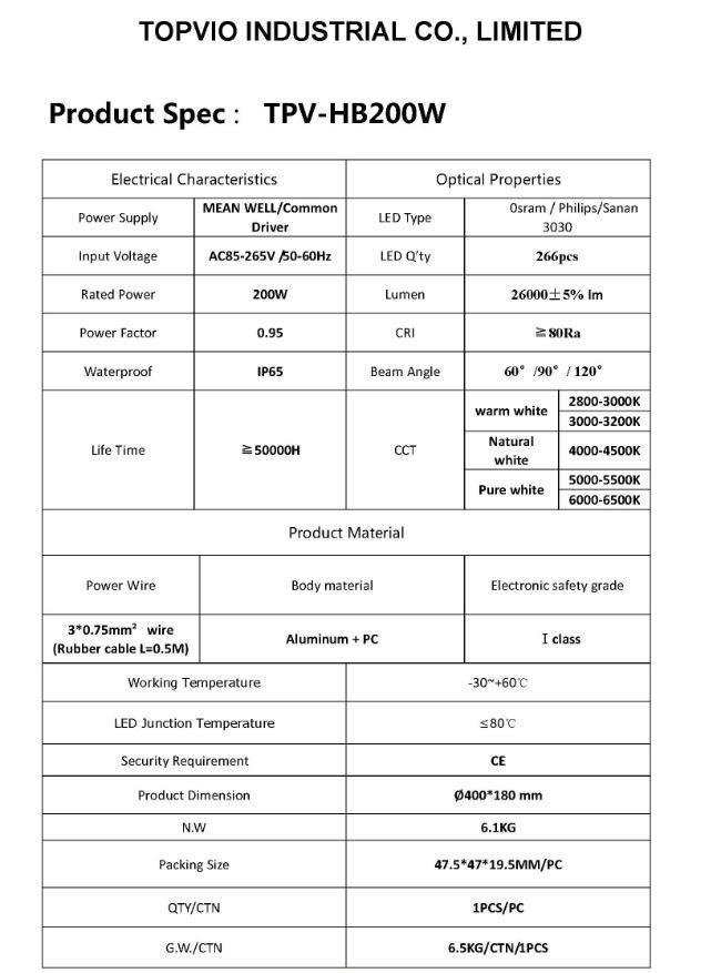 200W LED High Bay Lamp for Warehouse with Ce and RoHS