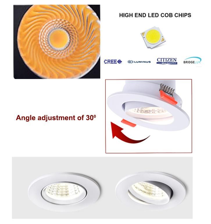 350 Degree Whirling Multi-Angle Illumination Luz Baja Down Ceiling Recessed LED COB Downlight