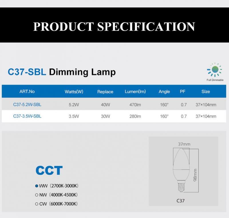 Dimmable LED Candle Bulb C37-Sbl