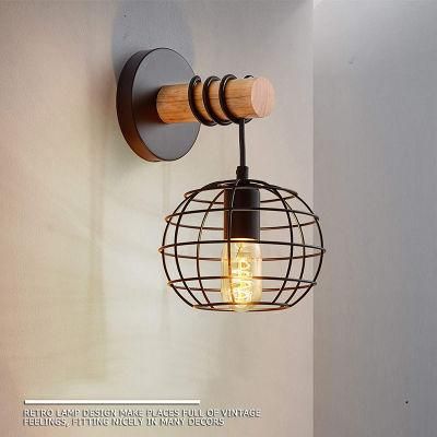 LED Amazon Retro Wrought Iron Black Round Iron Shade Hotel Room Bedroom Bedside Lights Wood Wall Light