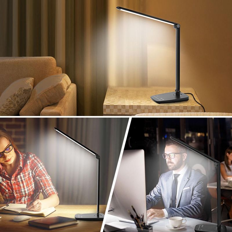 LED Desk Lamp Adjustable, Dimmable Table Lamp Eye Care Energy-Saving, LED Folding Office Reading Light(10W/12V, Touch Control, USB Charging Port, 5-Level Dimmer