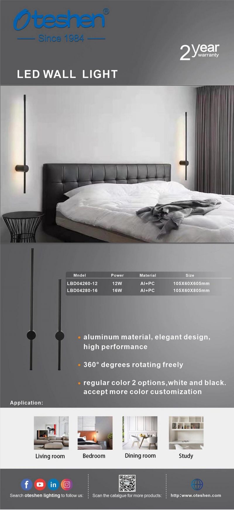 Nordic Design Indoor 12W/16W 60cm/80cm Long Line Wall Light