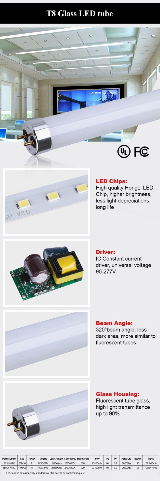 UL Listed T8 Glass LED Tube (Aluminum caps)