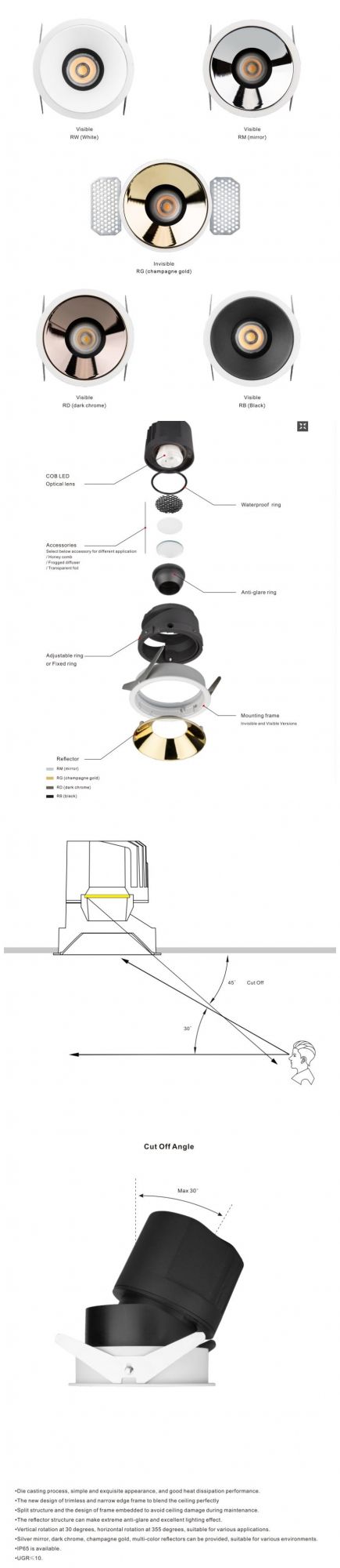 COB LED Ceiling Protect IP65 Invisible-Fixed Aluminum LED Downlight Trimless Down Light