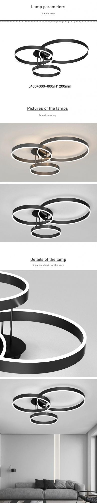 Modern Three Rings Black Aluminum Acrylic Living Room LED Ceiling Lamp