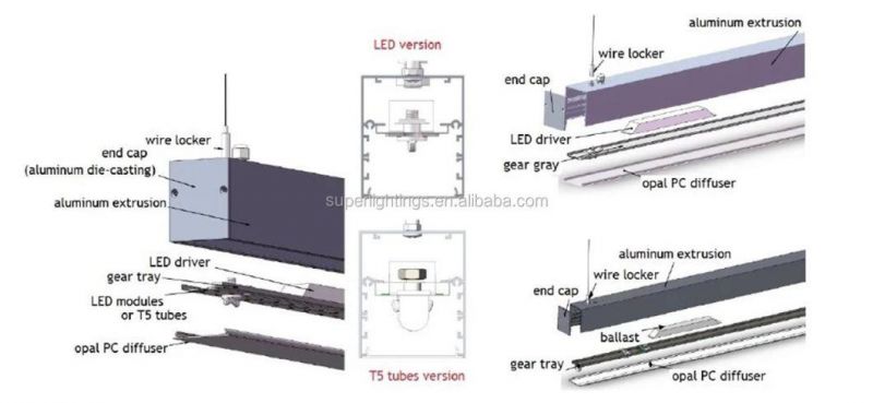 High Power Pendant Ceiling Suspension Tube Lighting Recessed Profile LED Strip Bar Linear Light