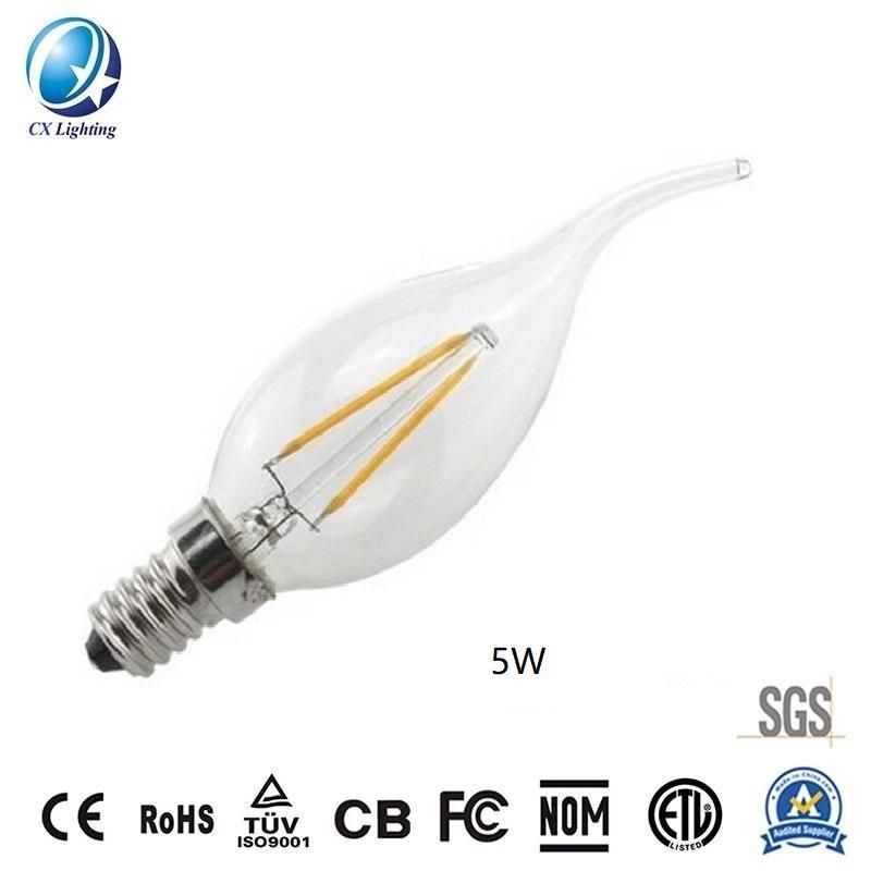 E27 B22 Filament LED Clear Candle Lamp C35t 5W 600lm Equal 60W with CE RoHS, EMC, LVD